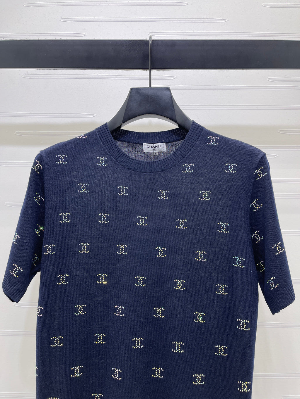 Openwork Knit Crew Neck Short-Sleeve Top