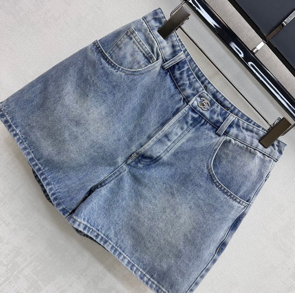 Embroidered Backpack Button Denim Shorts