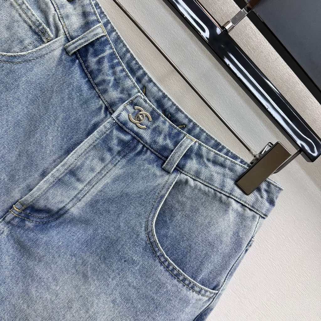 Embroidered Backpack Button Denim Shorts