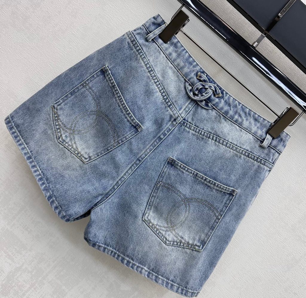 Embroidered Backpack Button Denim Shorts