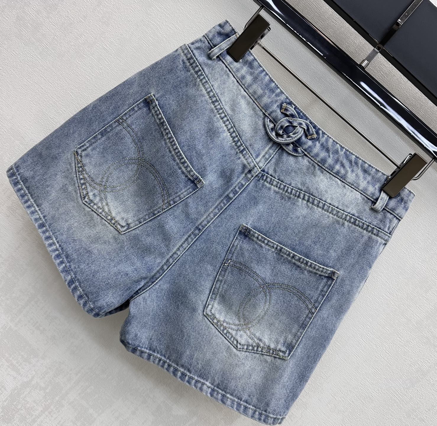 Embroidered Backpack Button Denim Shorts