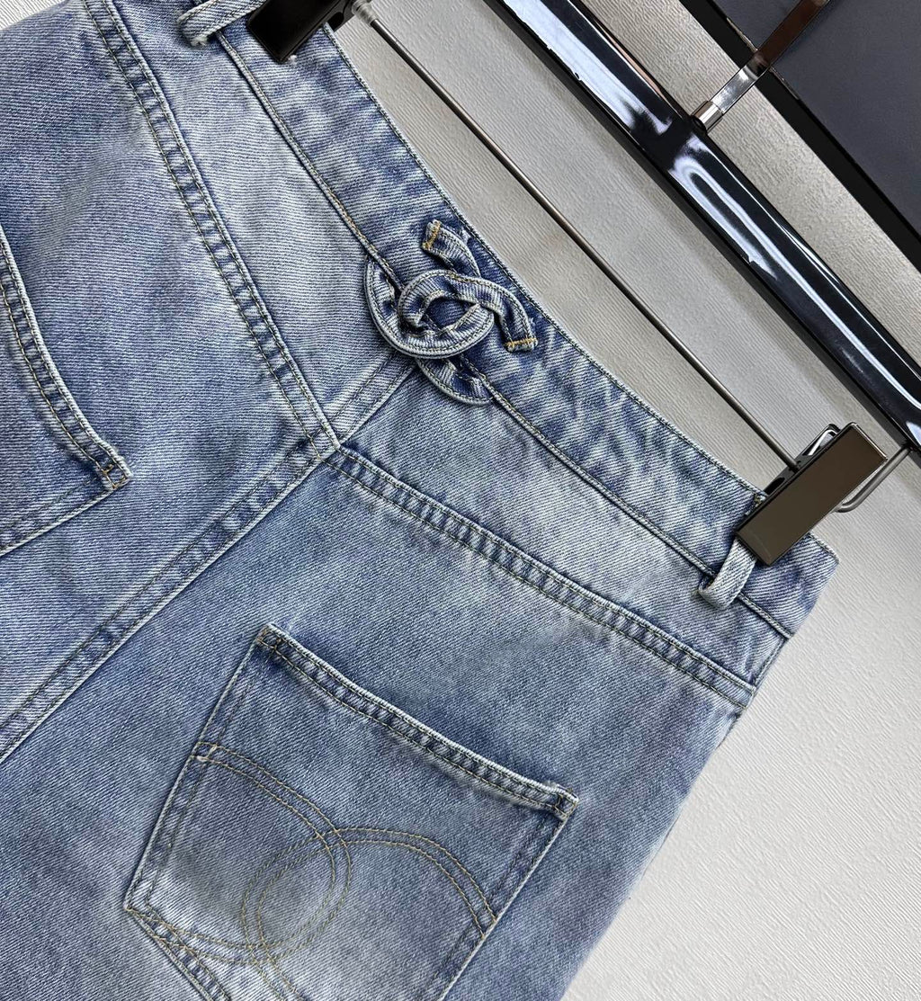 Embroidered Backpack Button Denim Shorts