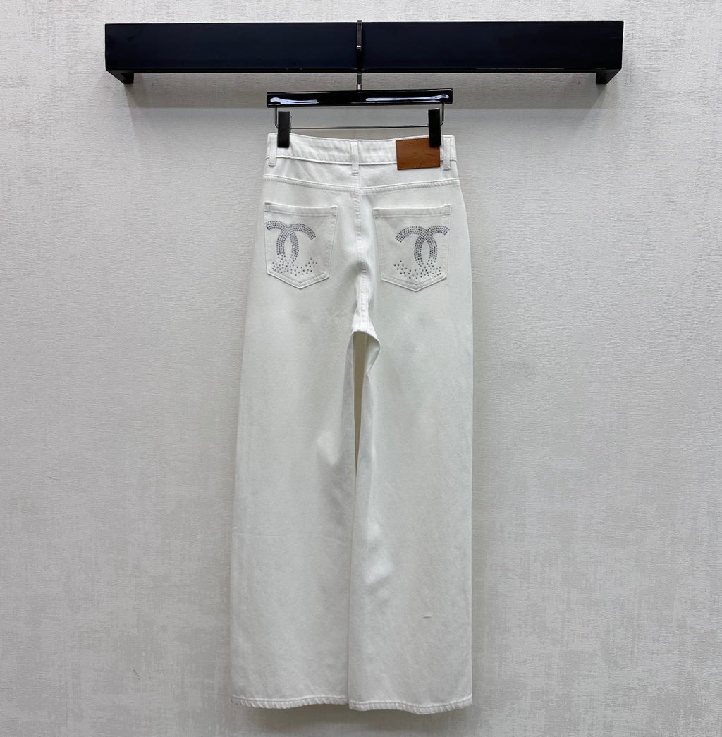 Rhinestone-Embellished Straight-Leg Denim Trousers