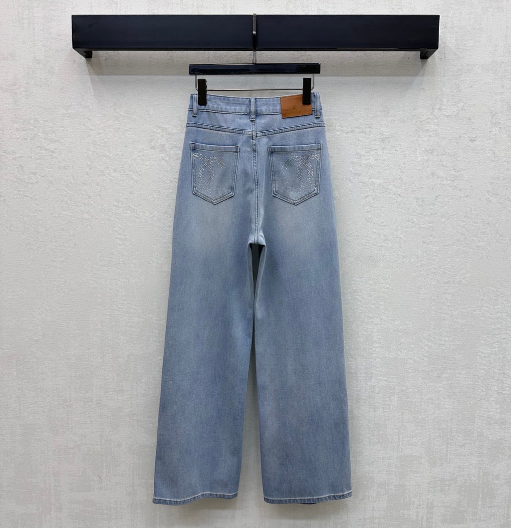 Rhinestone-Embellished Straight-Leg Denim Trousers