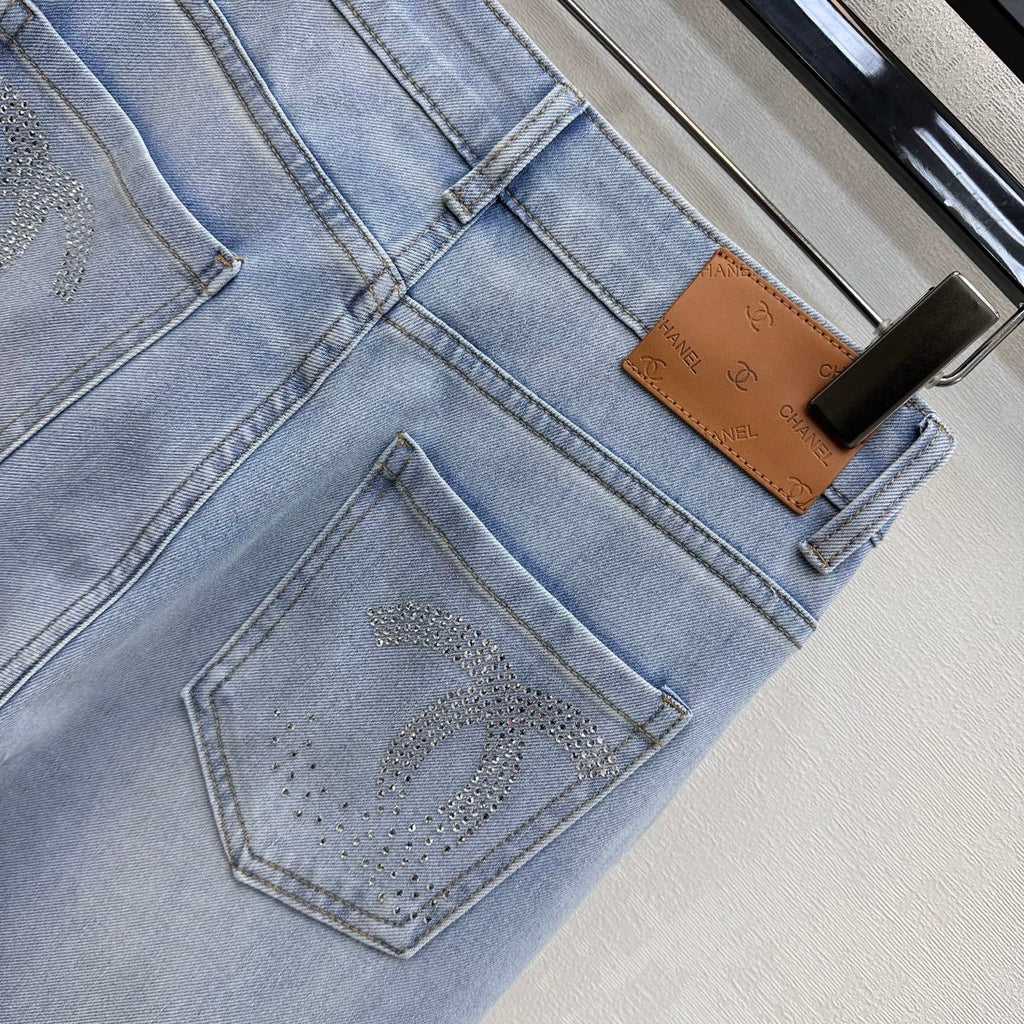 Rhinestone-Embellished Straight-Leg Denim Trousers