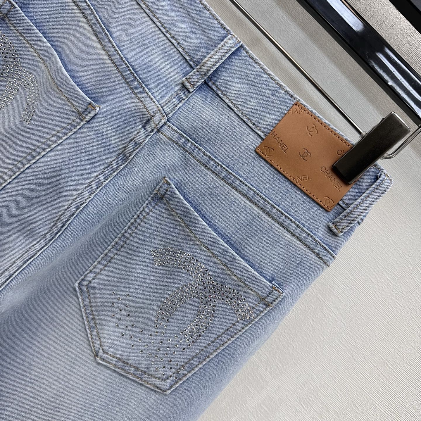 Rhinestone-Embellished Straight-Leg Denim Trousers