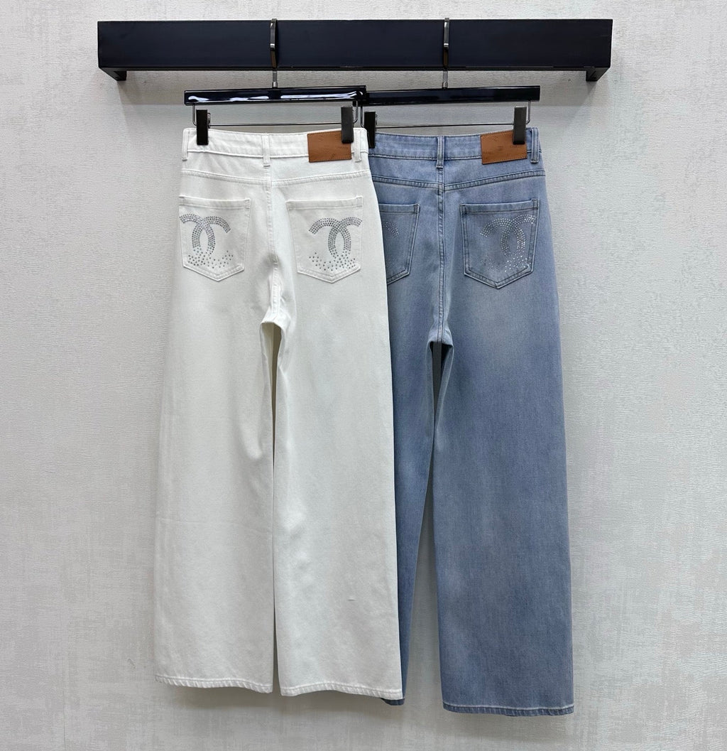 Rhinestone-Embellished Straight-Leg Denim Trousers