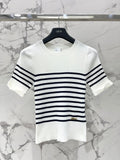 26  New Striped Short-Sleeve Knit Top with Metal Lettering and Crew Neck