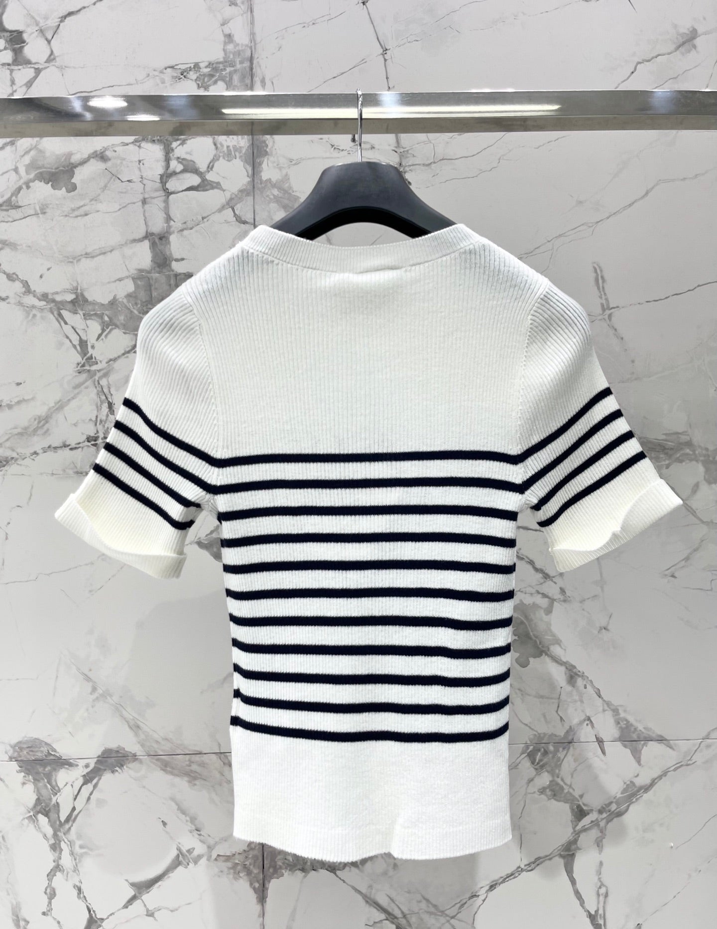 26  New Striped Short-Sleeve Knit Top with Metal Lettering and Crew Neck