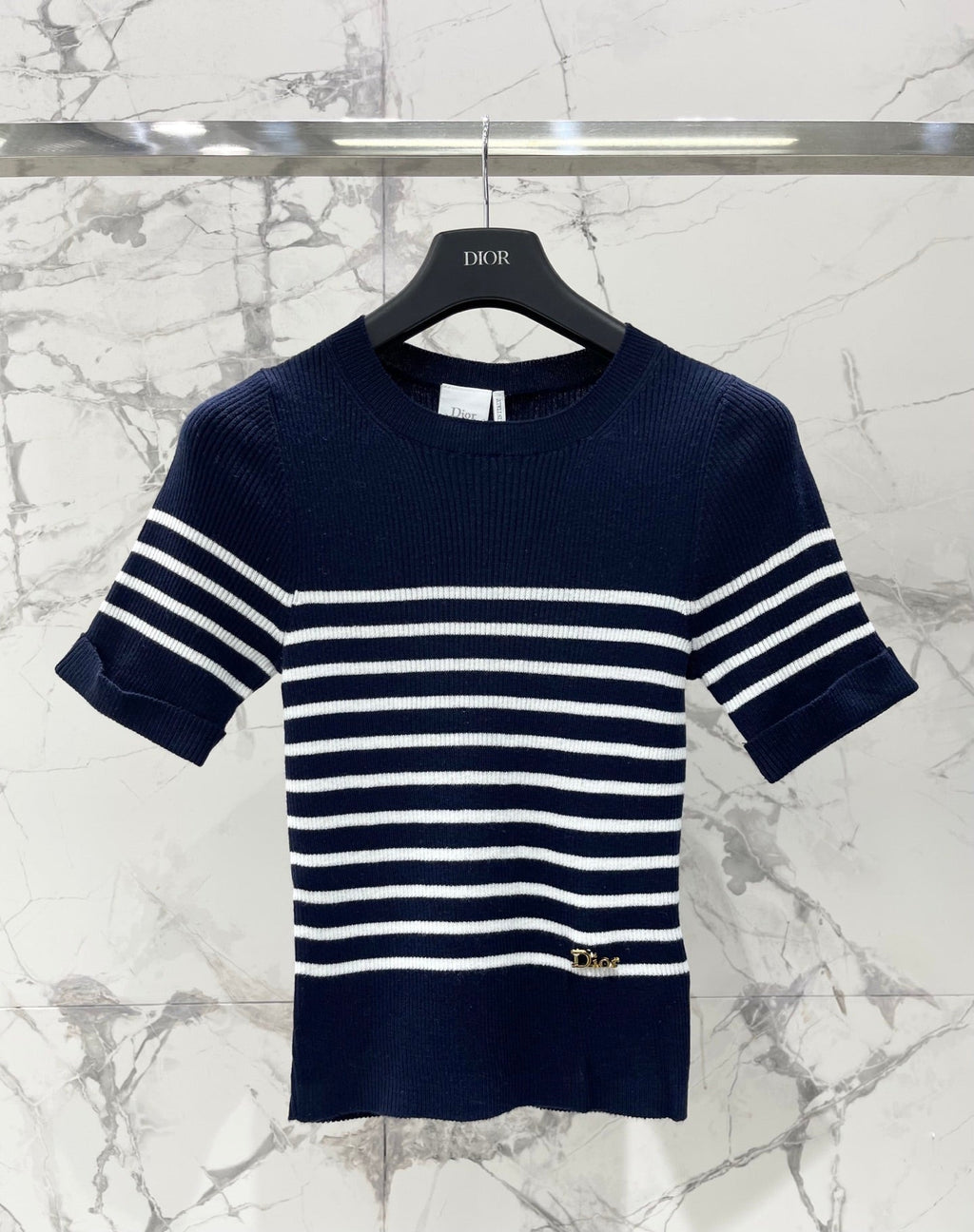 26  New Striped Short-Sleeve Knit Top with Metal Lettering and Crew Neck