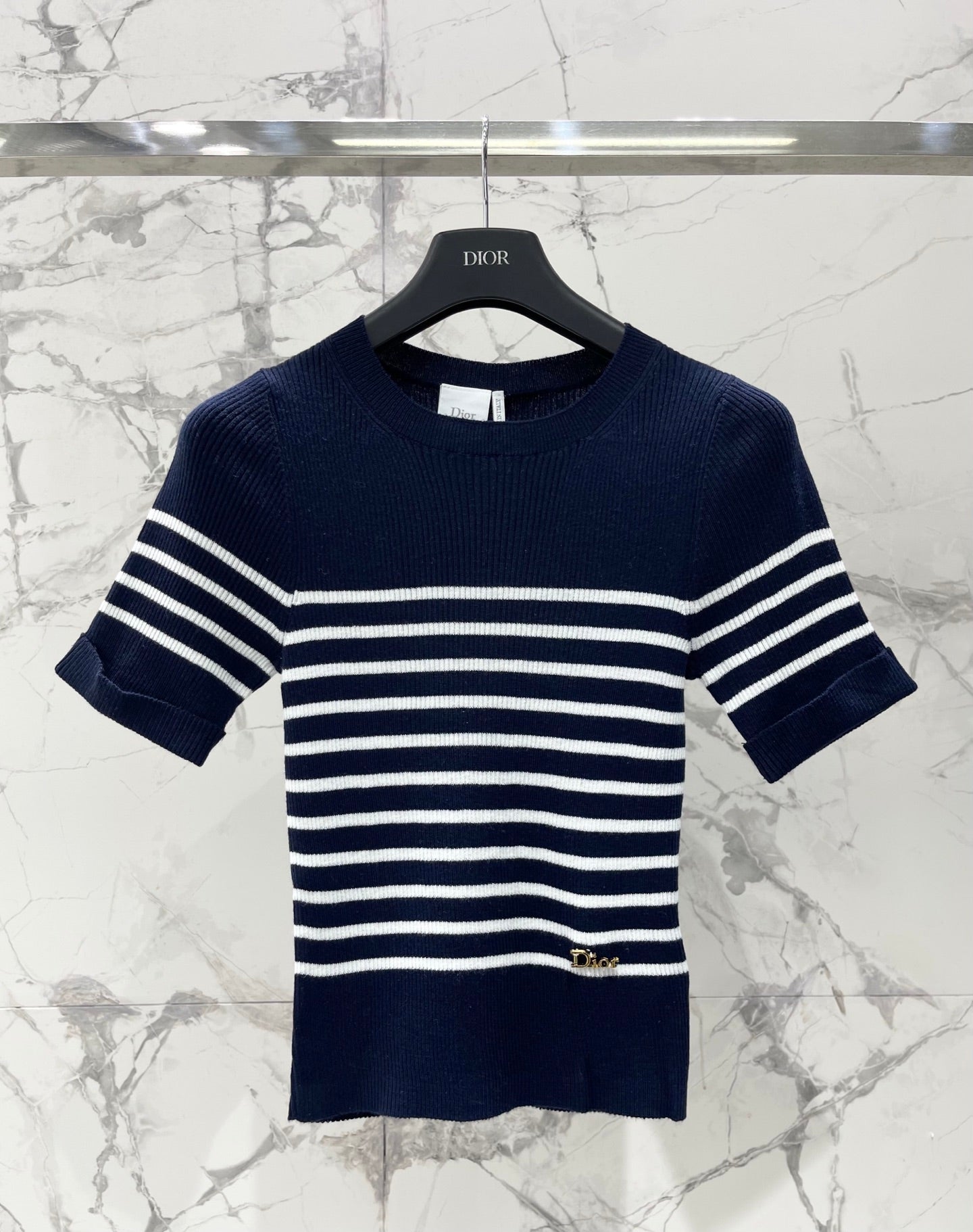 26  New Striped Short-Sleeve Knit Top with Metal Lettering and Crew Neck