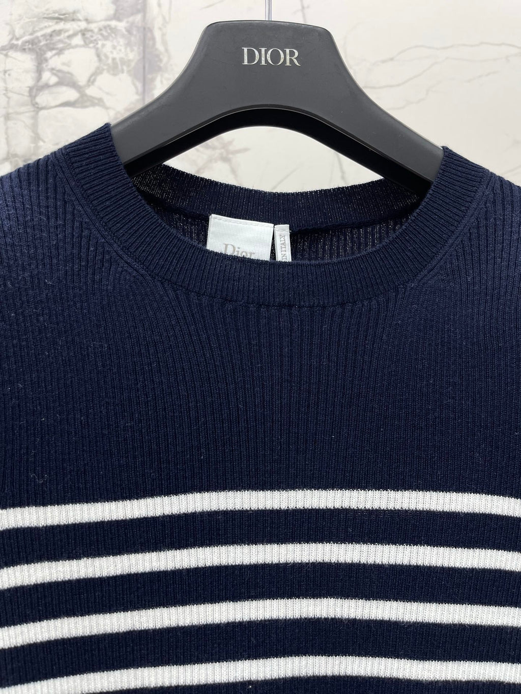 26  New Striped Short-Sleeve Knit Top with Metal Lettering and Crew Neck