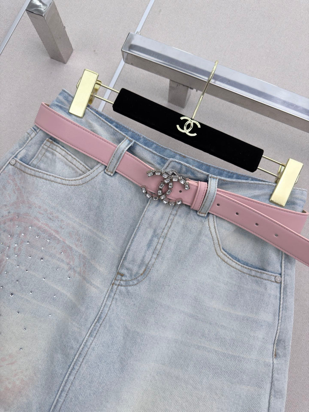 26SS New Arrival: Rhinestone-Embellished Denim Mini A-Line Skirt