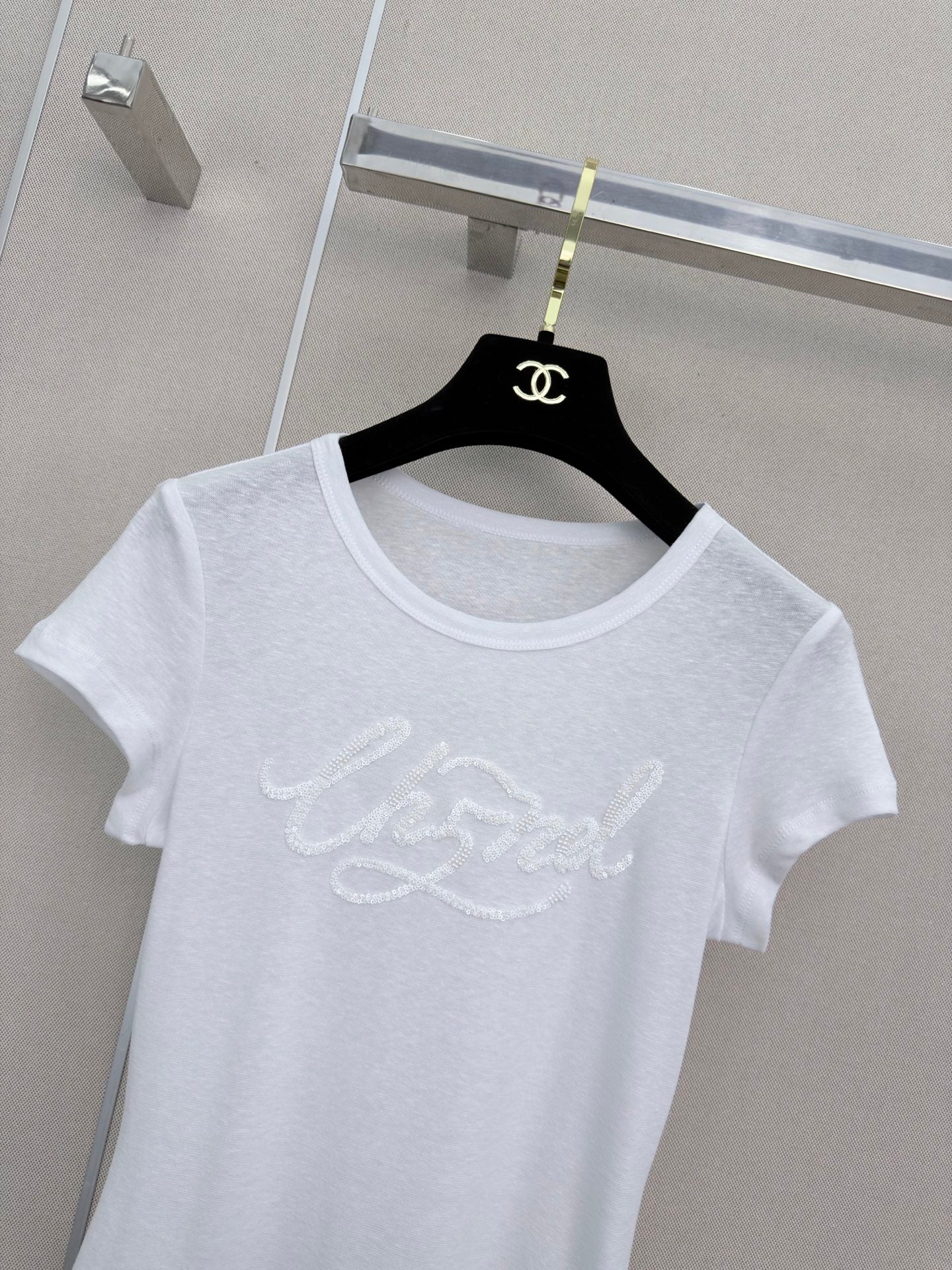 26 New Style: Beaded & Sequined Letter Crewneck Short-Sleeve Top