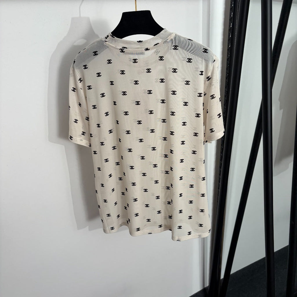 Flocked logo mesh short-sleeved T-shirt