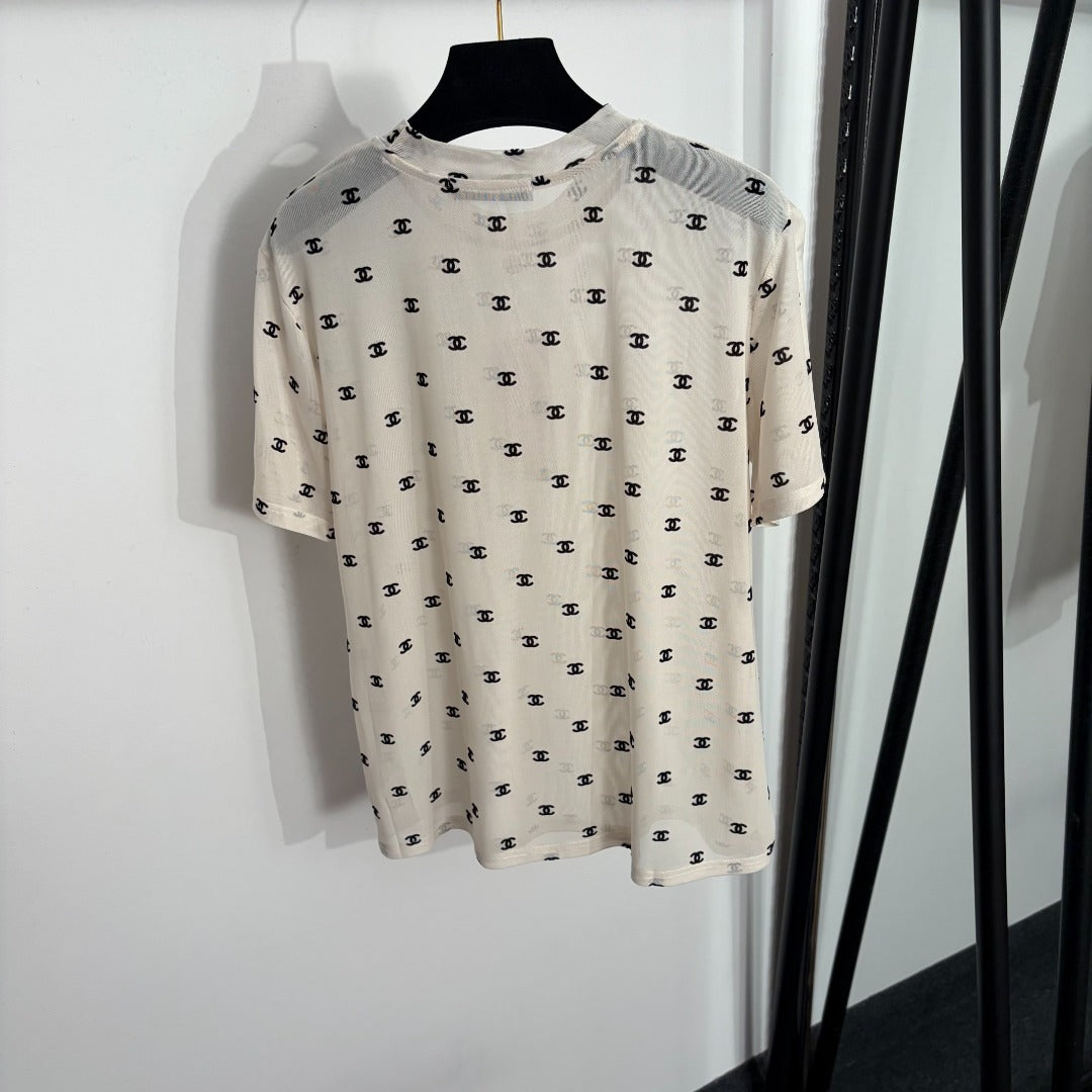 Flocked logo mesh short-sleeved T-shirt