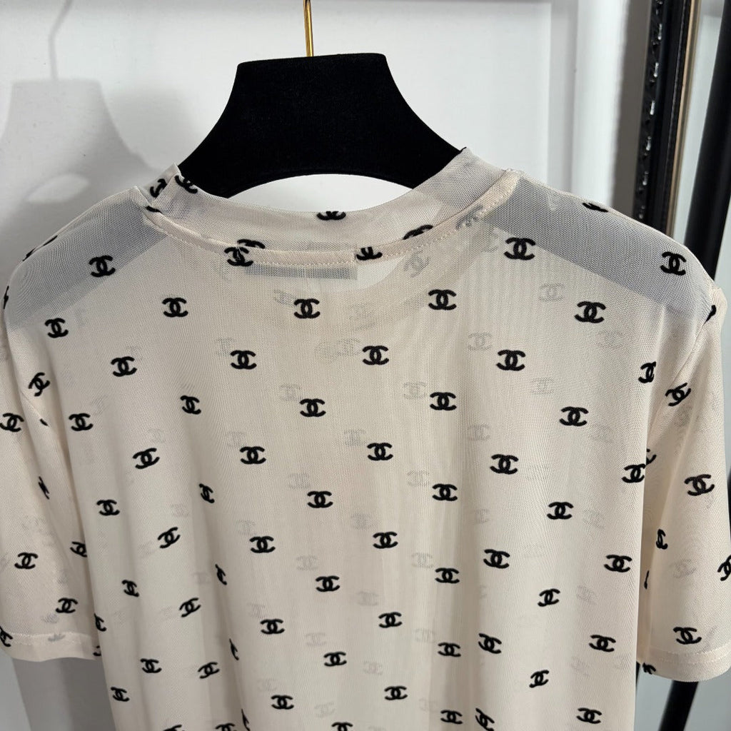 Flocked logo mesh short-sleeved T-shirt