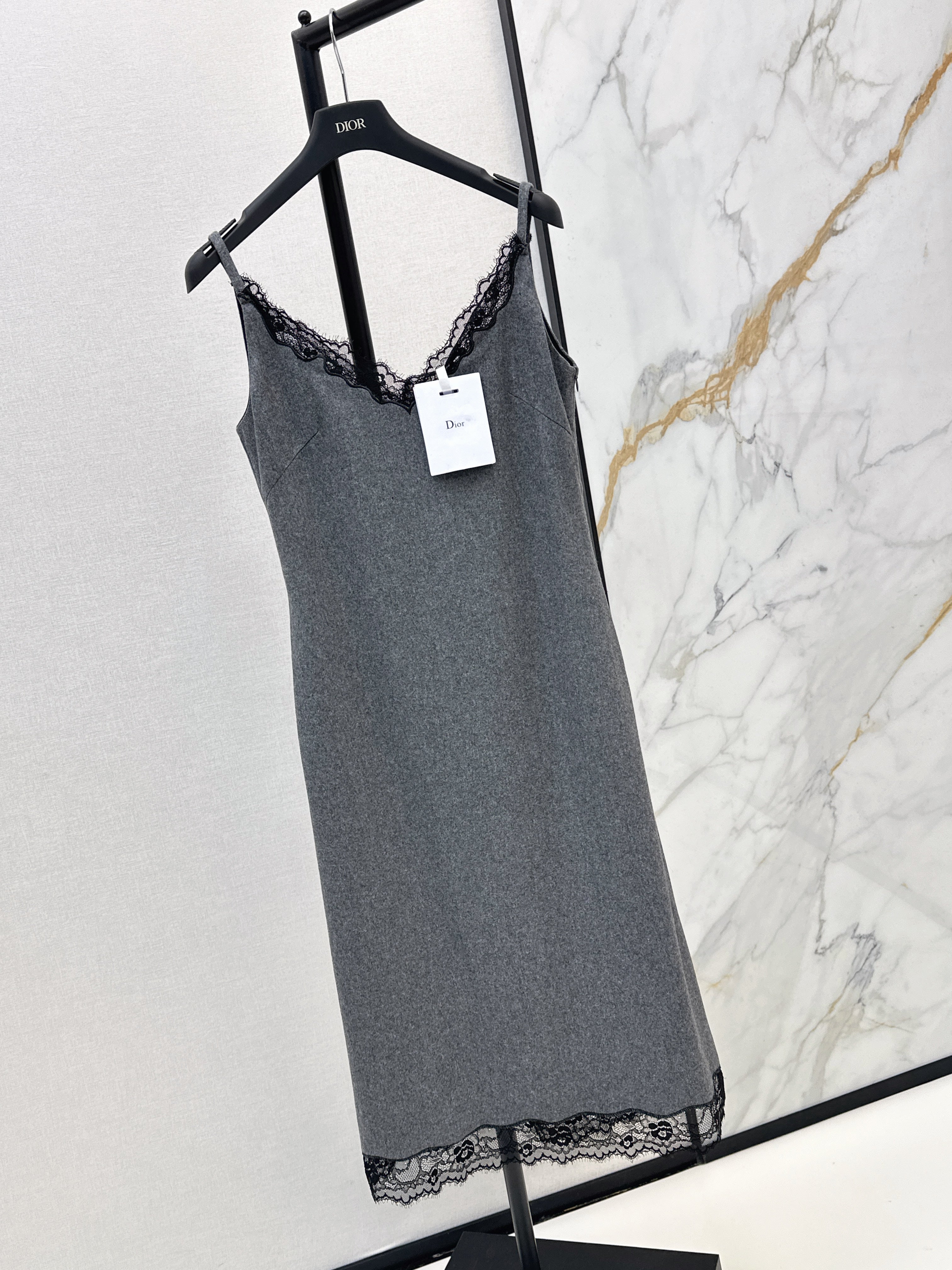 High-end gray patchwork lace slip dress