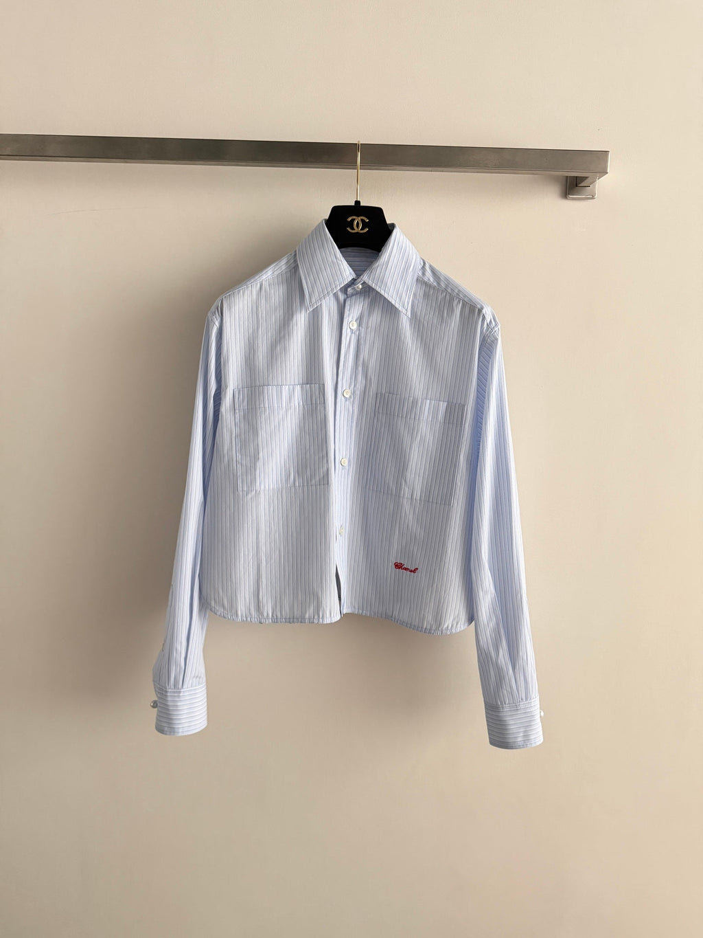 Short-sleeved blue striped shirt