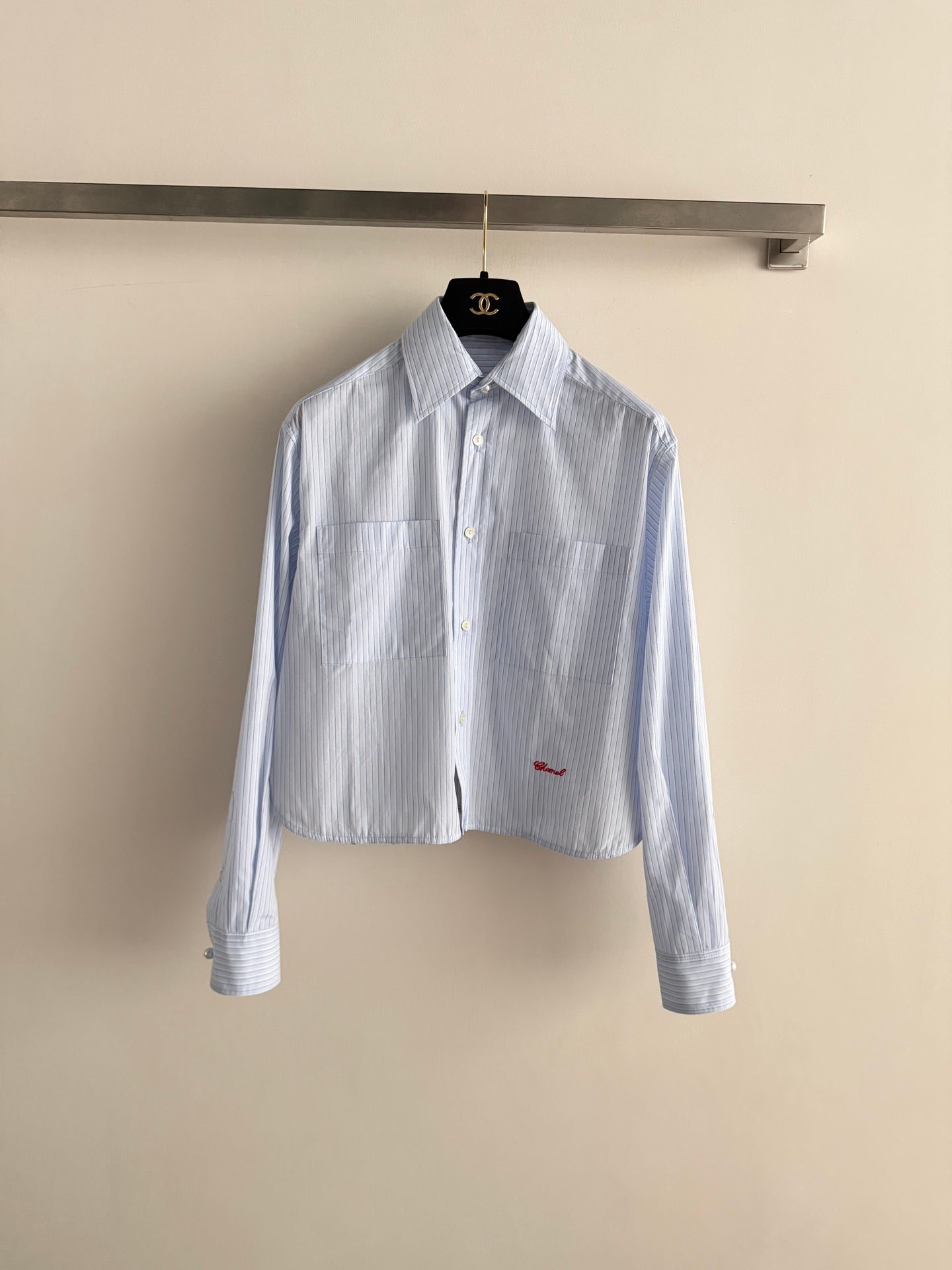 Short-sleeved blue striped shirt
