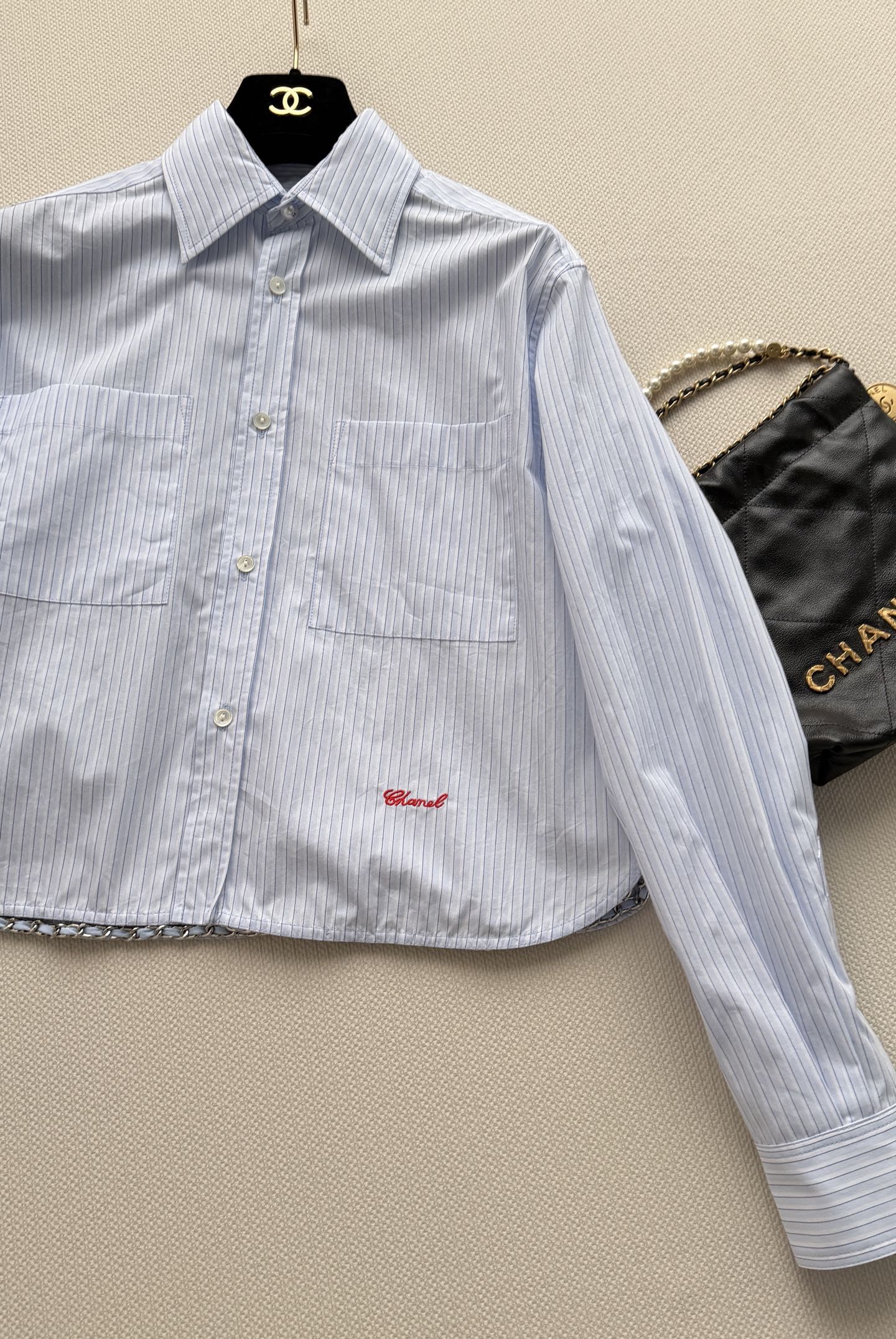 Short-sleeved blue striped shirt