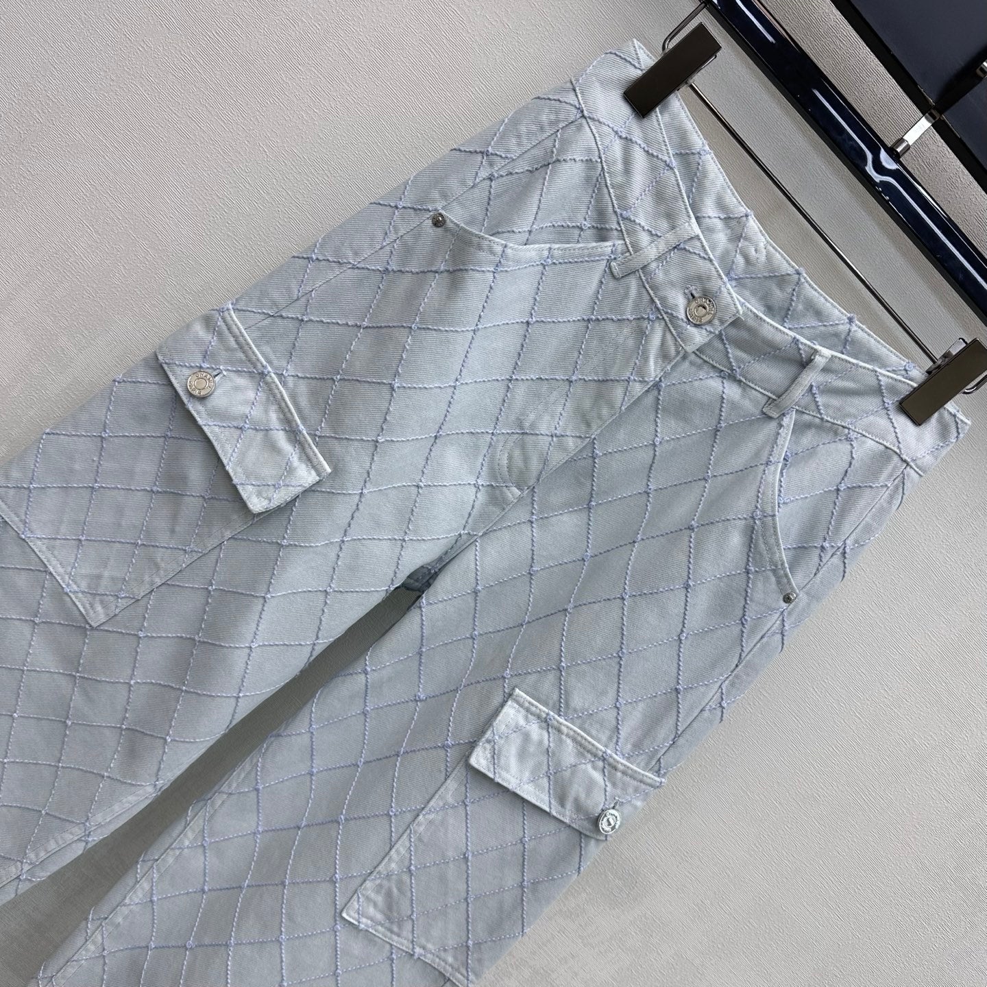 Quilted Diamond-Pattern Denim Trousers