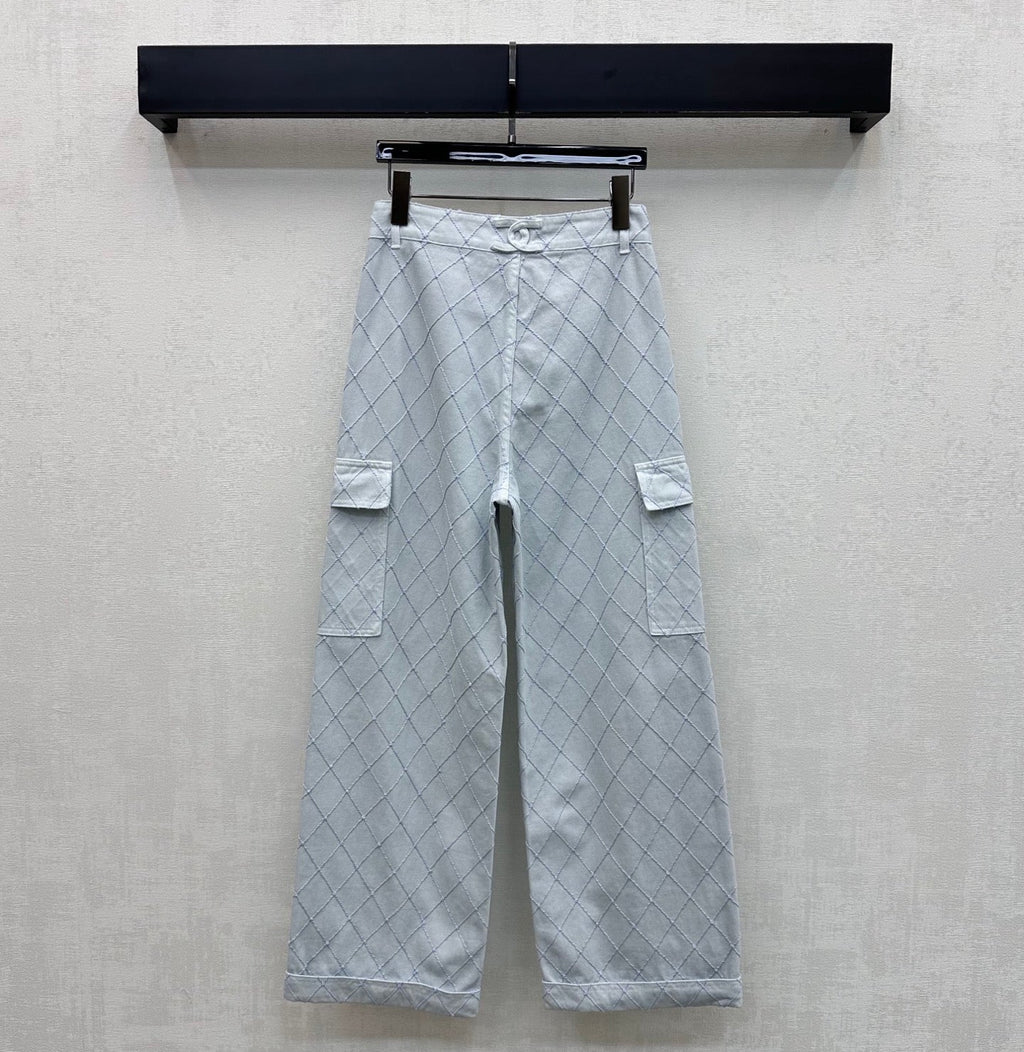 Quilted Diamond-Pattern Denim Trousers