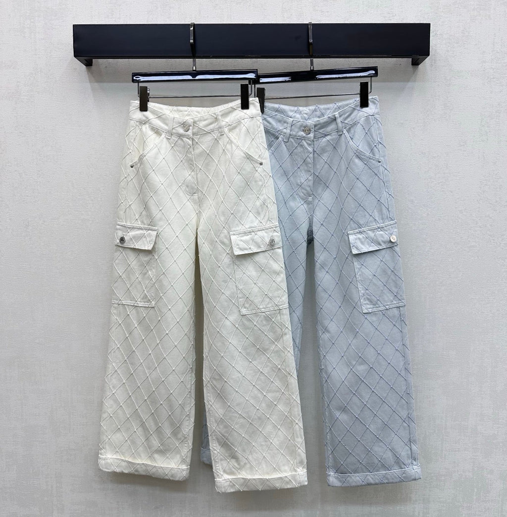 Quilted Diamond-Pattern Denim Trousers