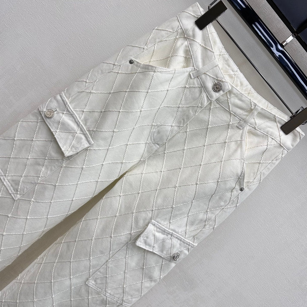 Quilted Diamond-Pattern Denim Trousers