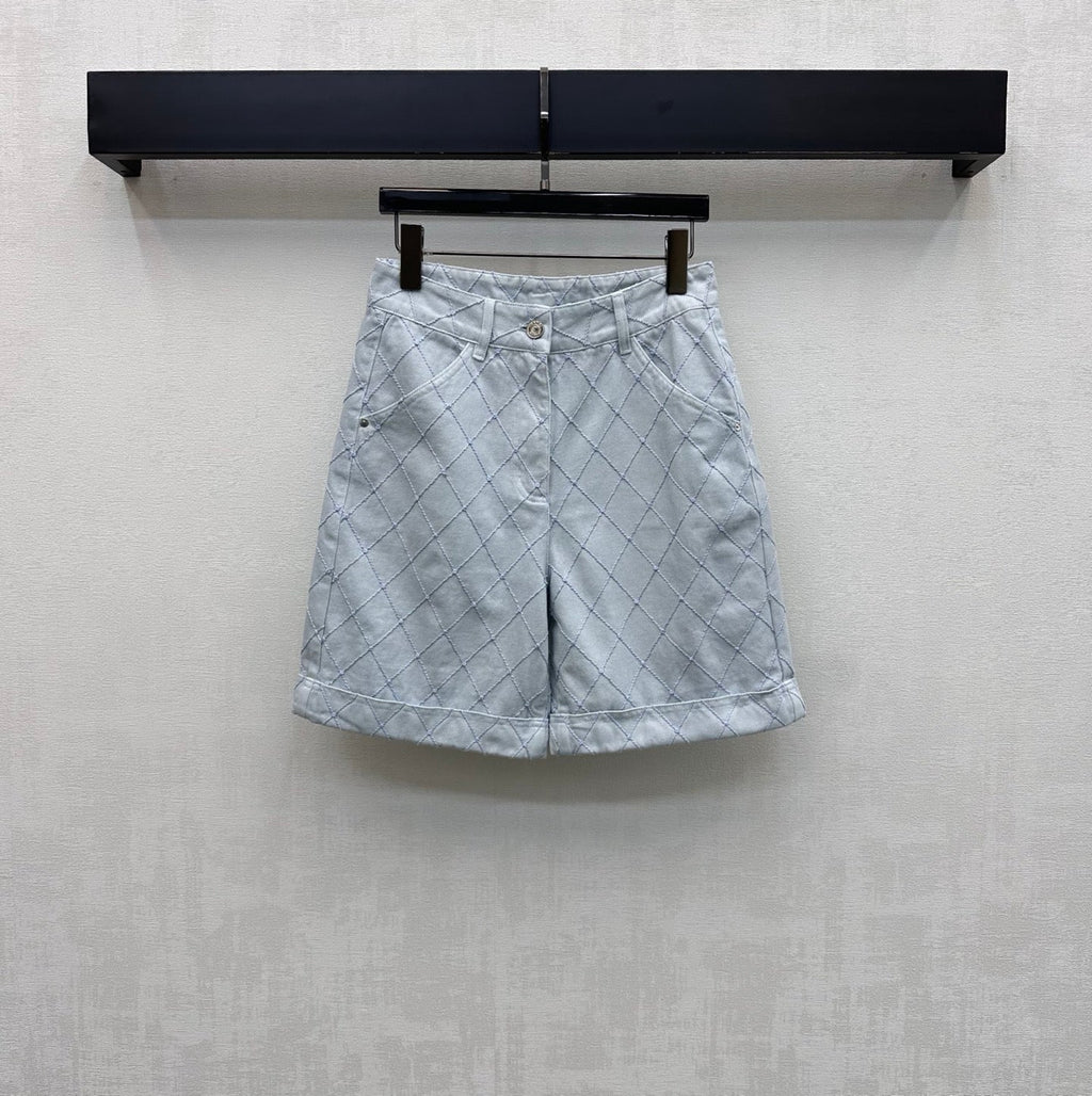 Quilted Diamond-Pattern Denim Cuff Shorts