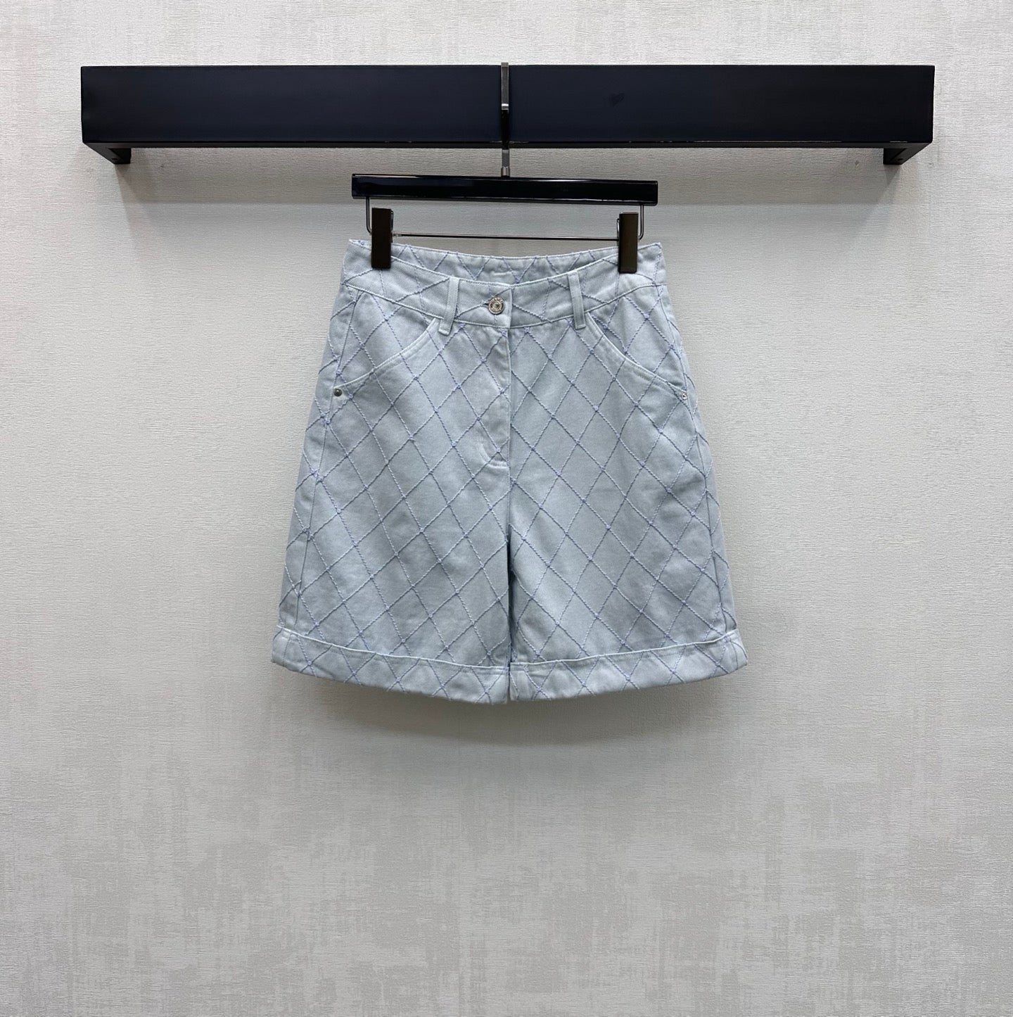 Quilted Diamond-Pattern Denim Cuff Shorts