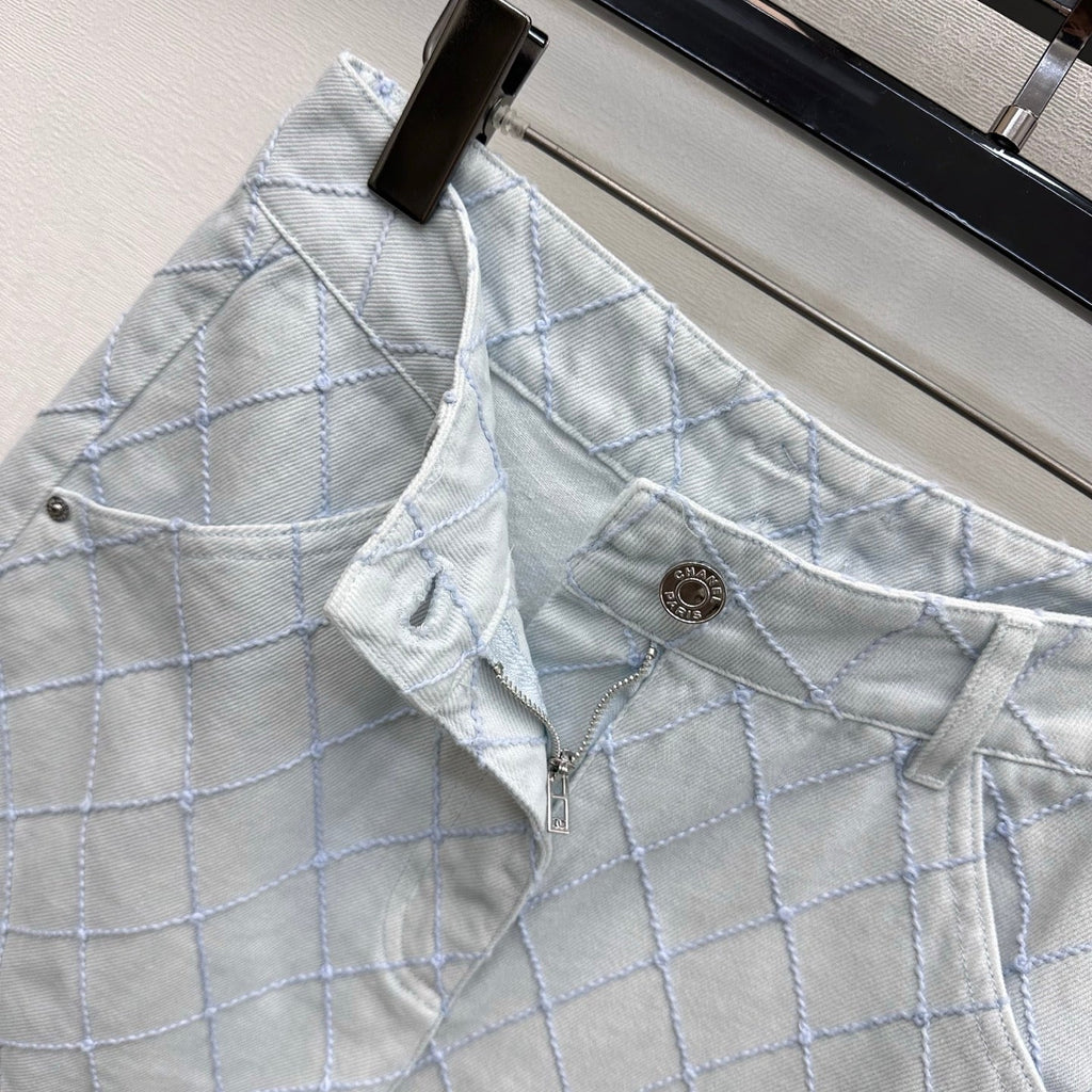 Quilted Diamond-Pattern Denim Cuff Shorts