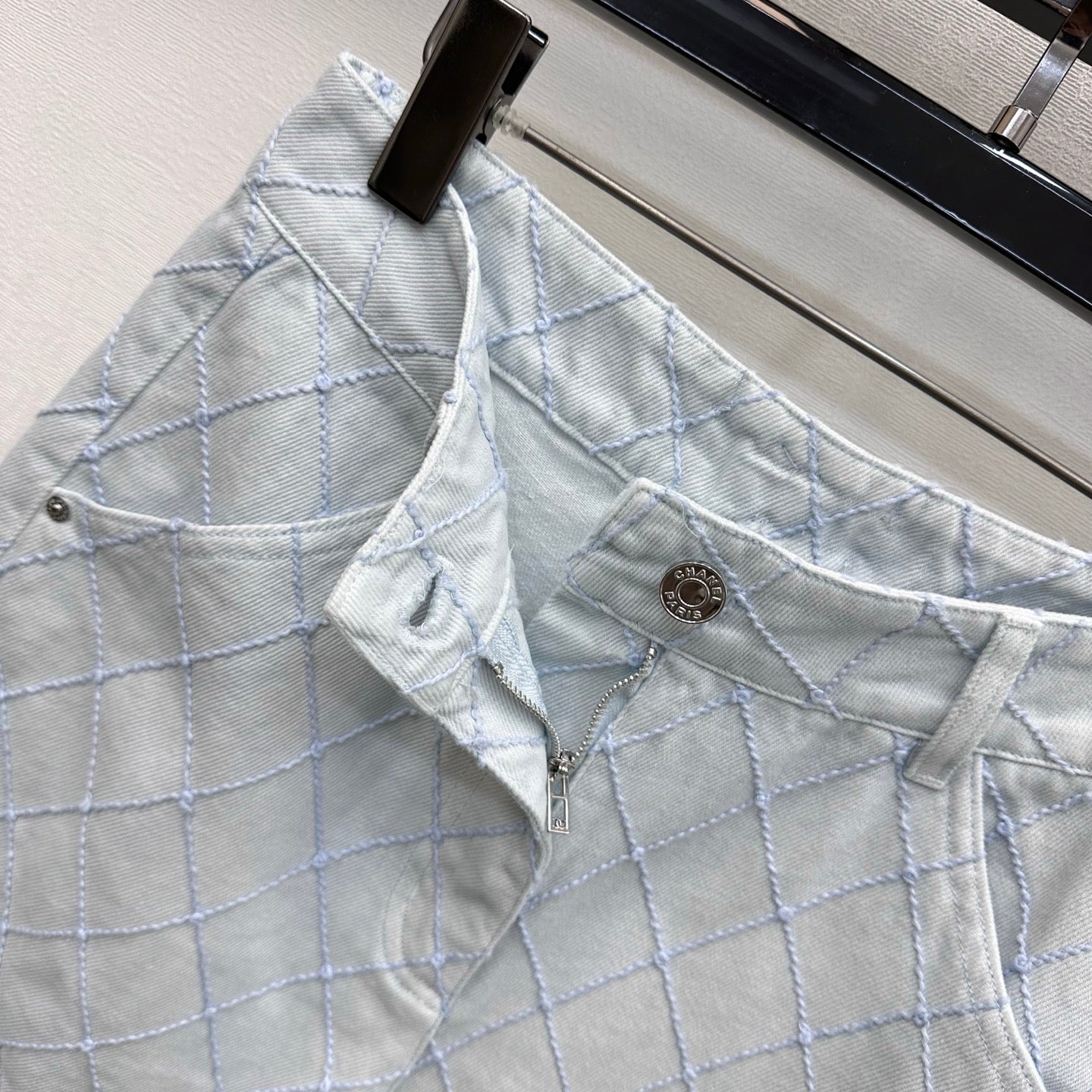 Quilted Diamond-Pattern Denim Cuff Shorts