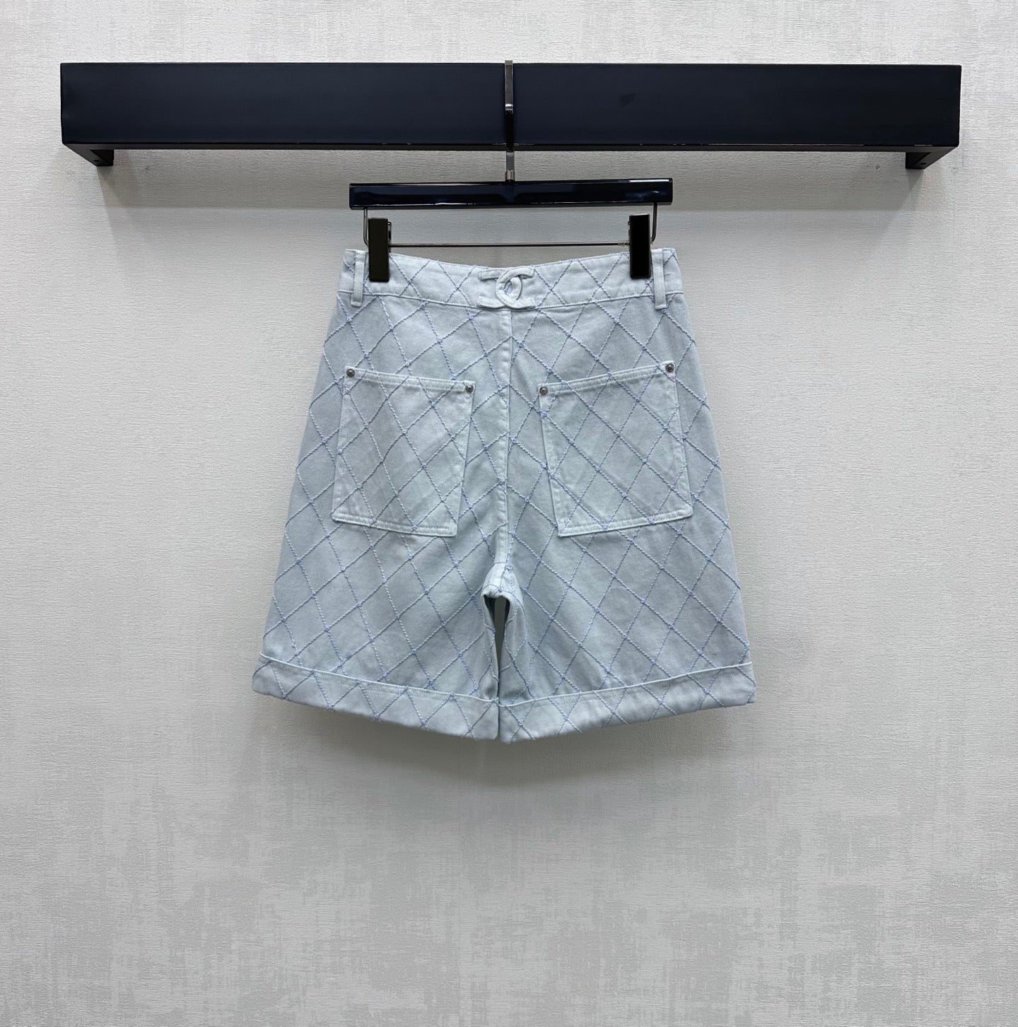 Quilted Diamond-Pattern Denim Cuff Shorts