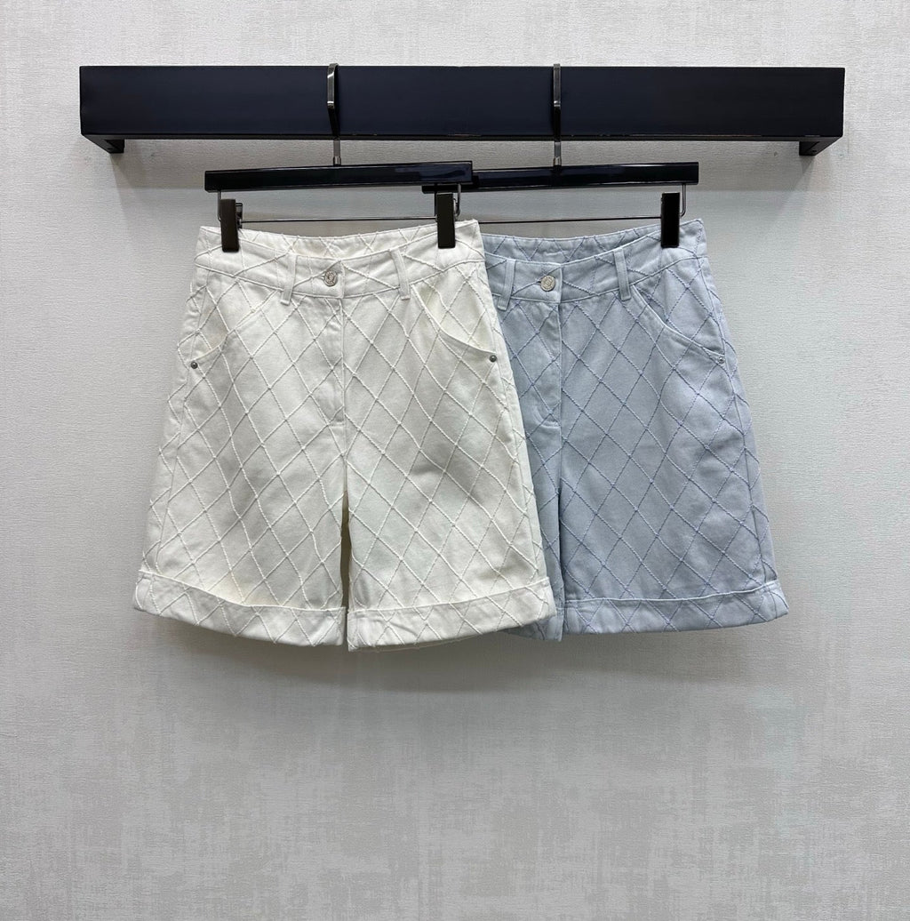 Quilted Diamond-Pattern Denim Cuff Shorts
