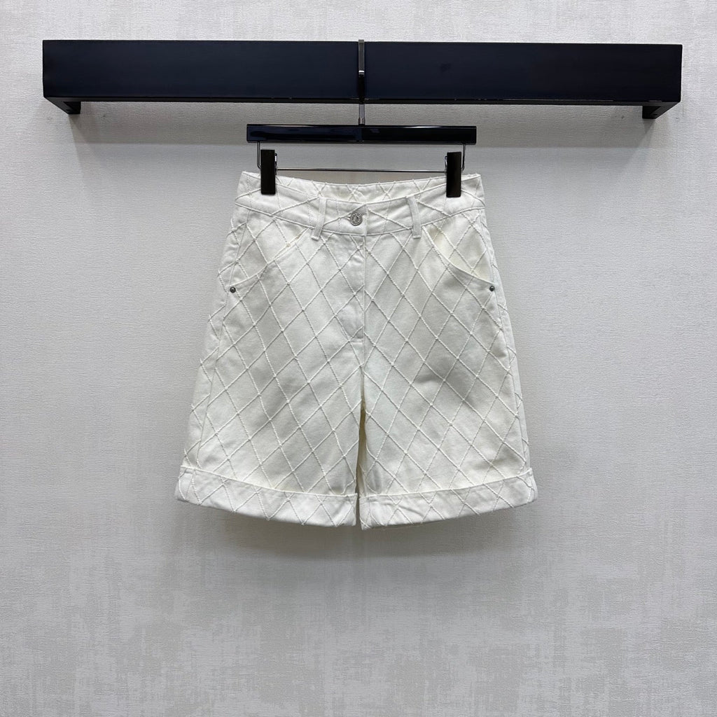 Quilted Diamond-Pattern Denim Cuff Shorts