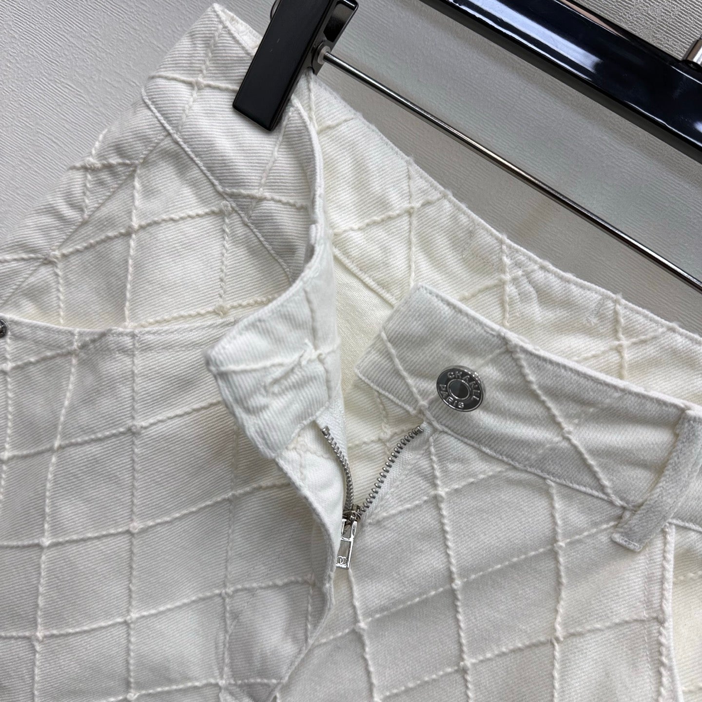 Quilted Diamond-Pattern Denim Cuff Shorts