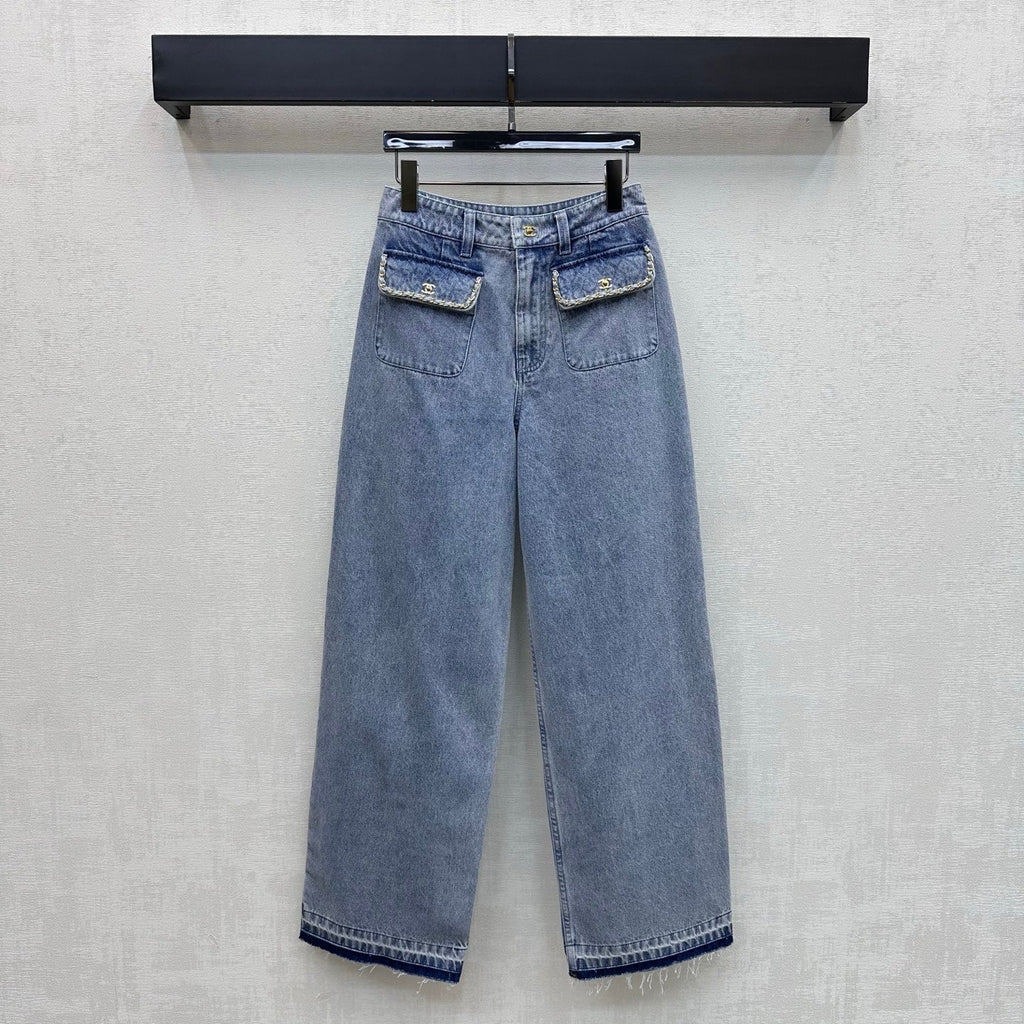 Fringed Raw-Hem Denim Trousers