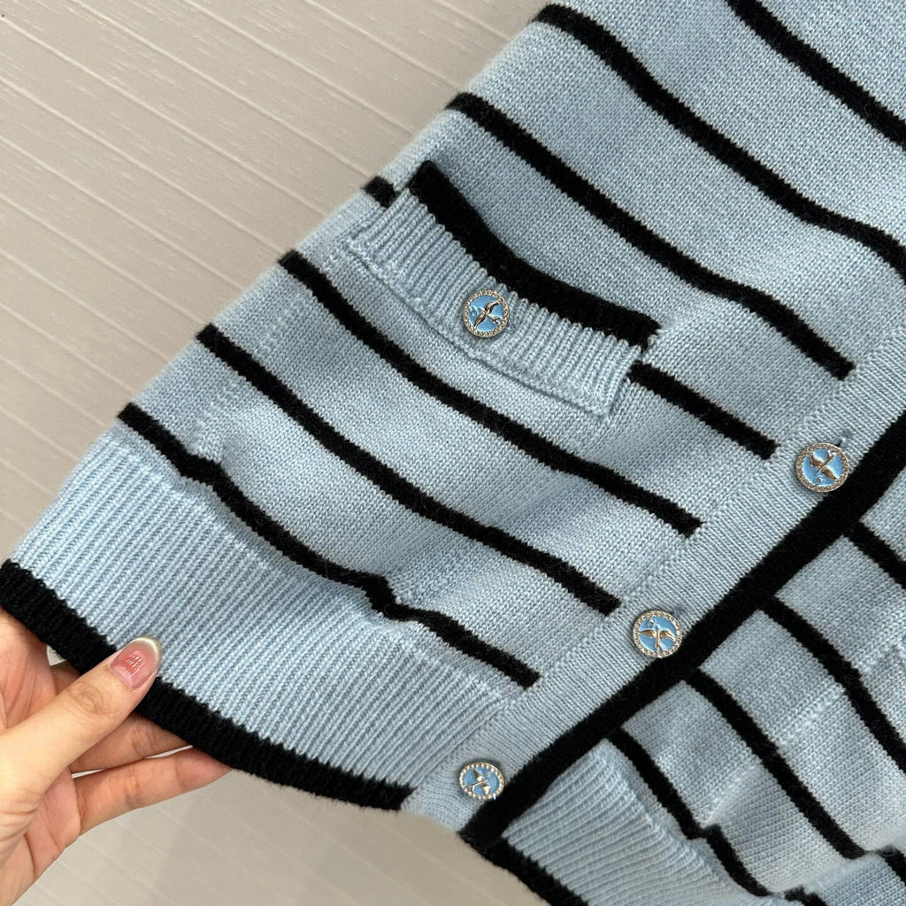 Blue striped V-neck long cardigan