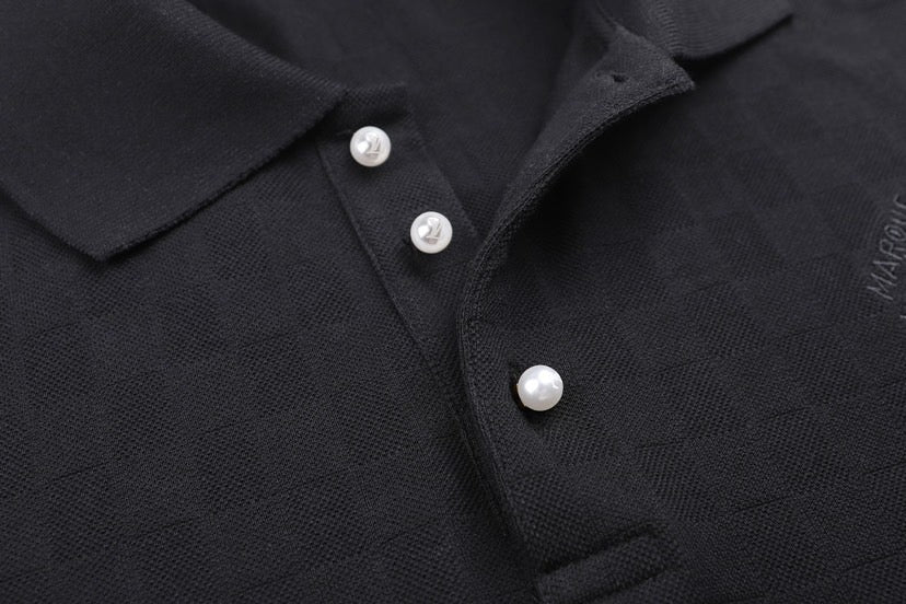 Short-Sleeve Top with Pearl-Embroidered Checkerboard Pattern