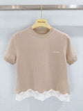 Lace-trimmed knit short-sleeved top