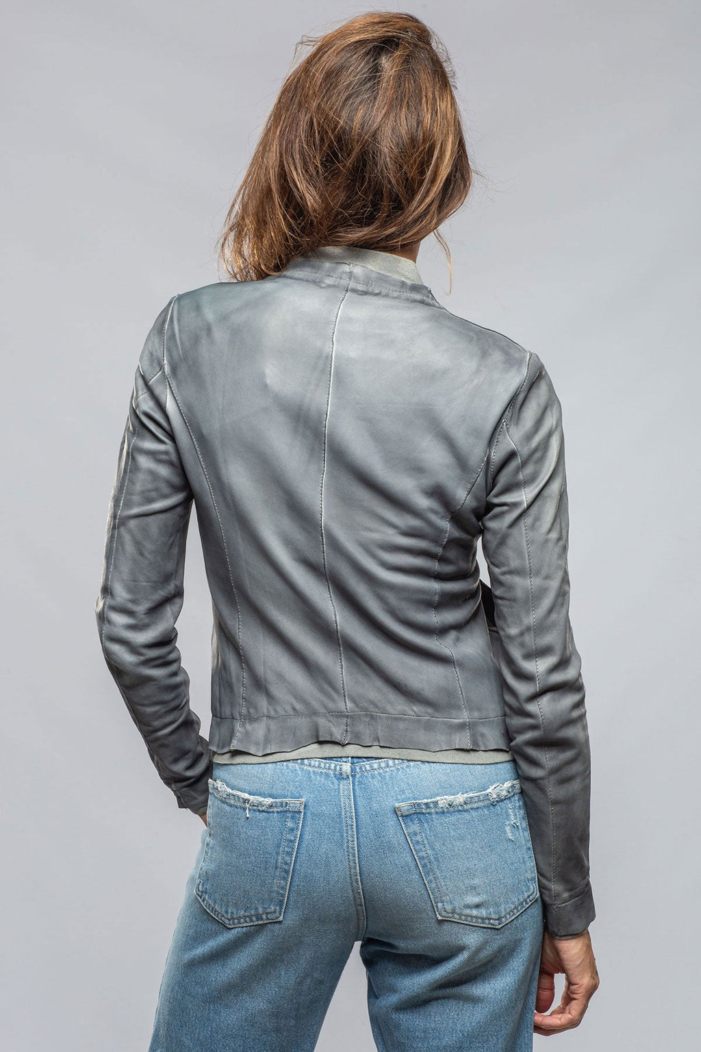 Ania Washed Leather Jacket In Steel Grey