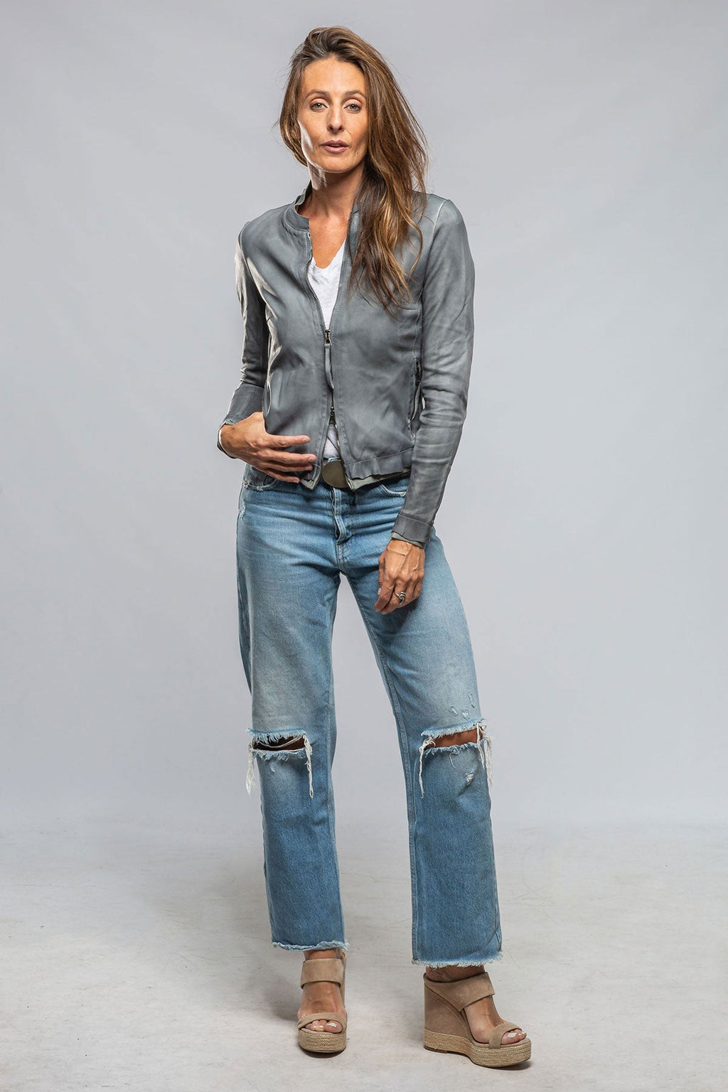 Ania Washed Leather Jacket In Steel Grey