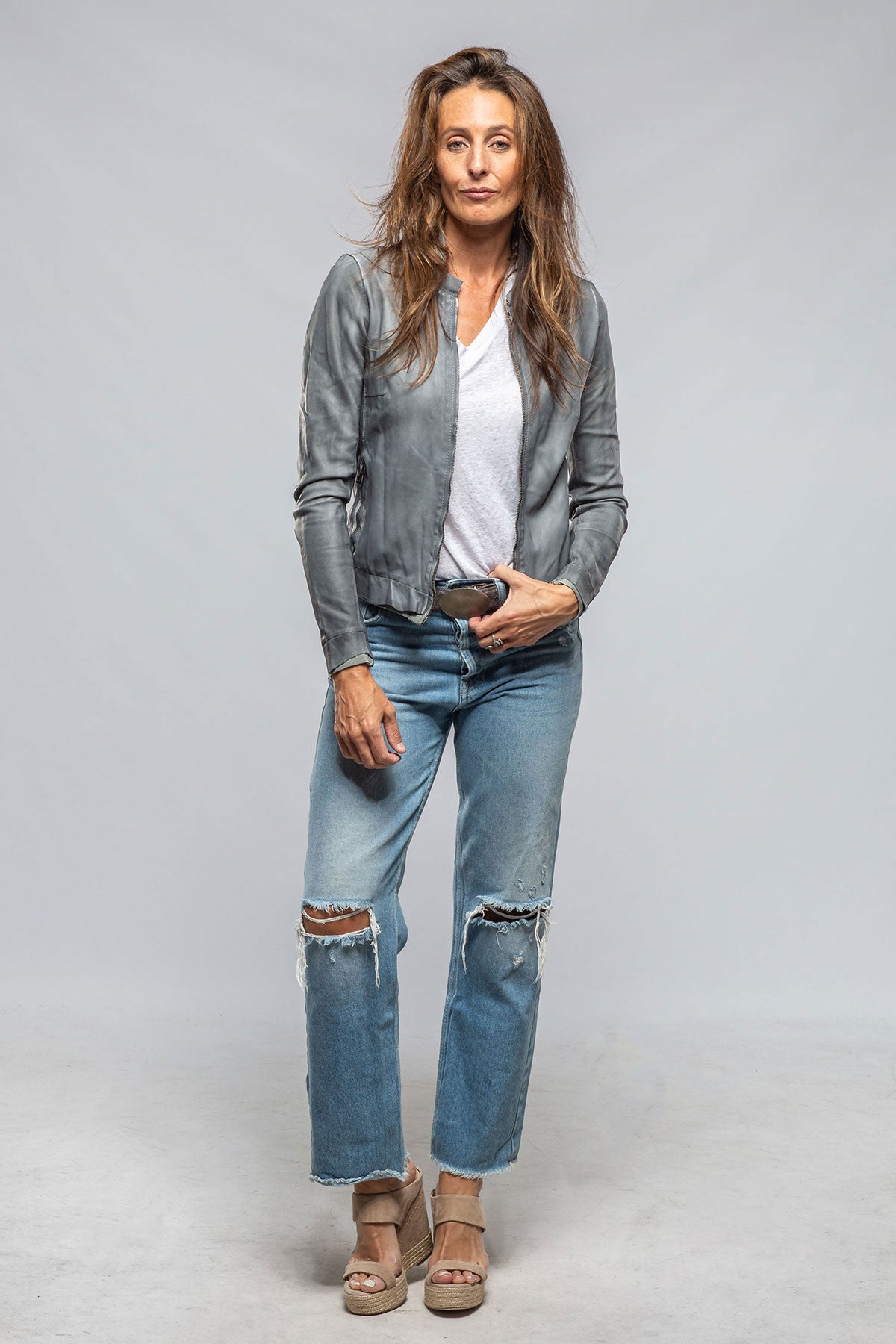 Ania Washed Leather Jacket In Steel Grey