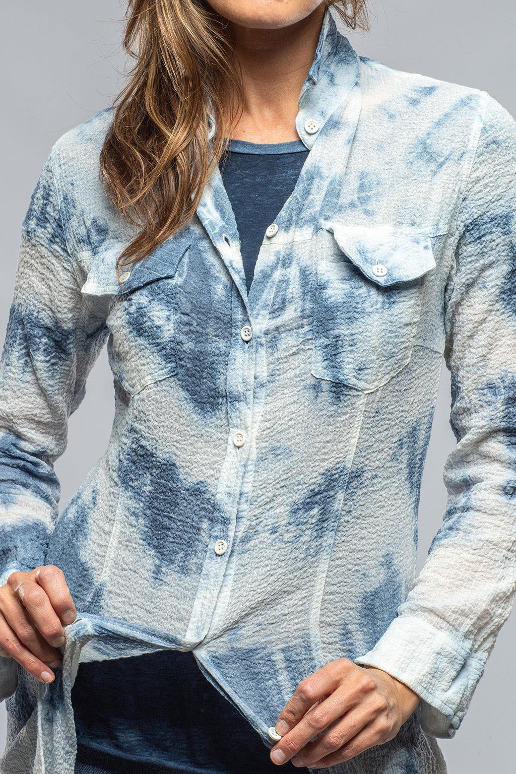 Carol Crepe Cotton Long Shirt In Blue Tie Dye