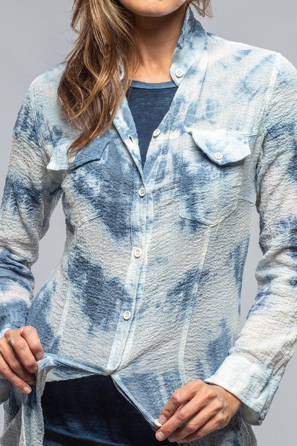 Carol Crepe Cotton Long Shirt In Blue Tie Dye