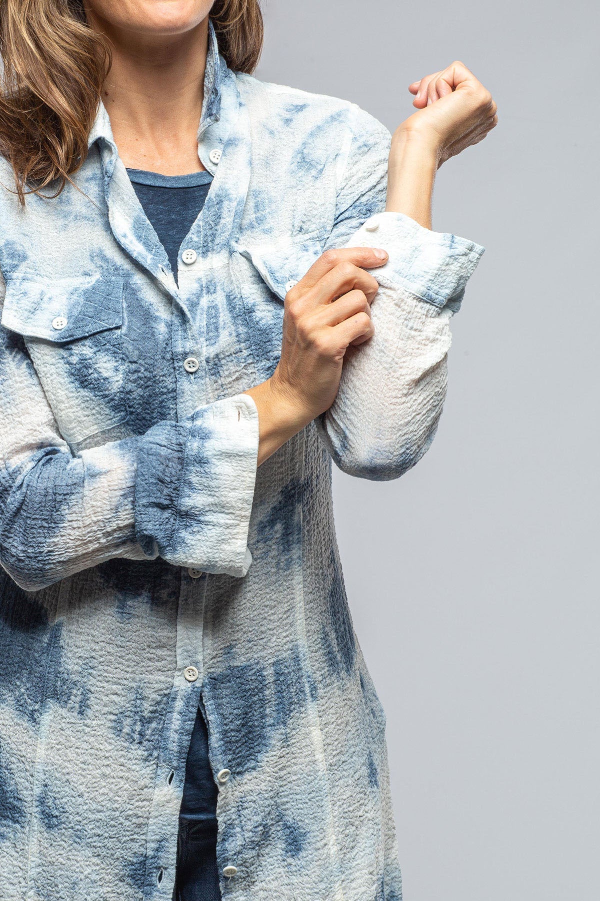 Carol Crepe Cotton Long Shirt In Blue Tie Dye