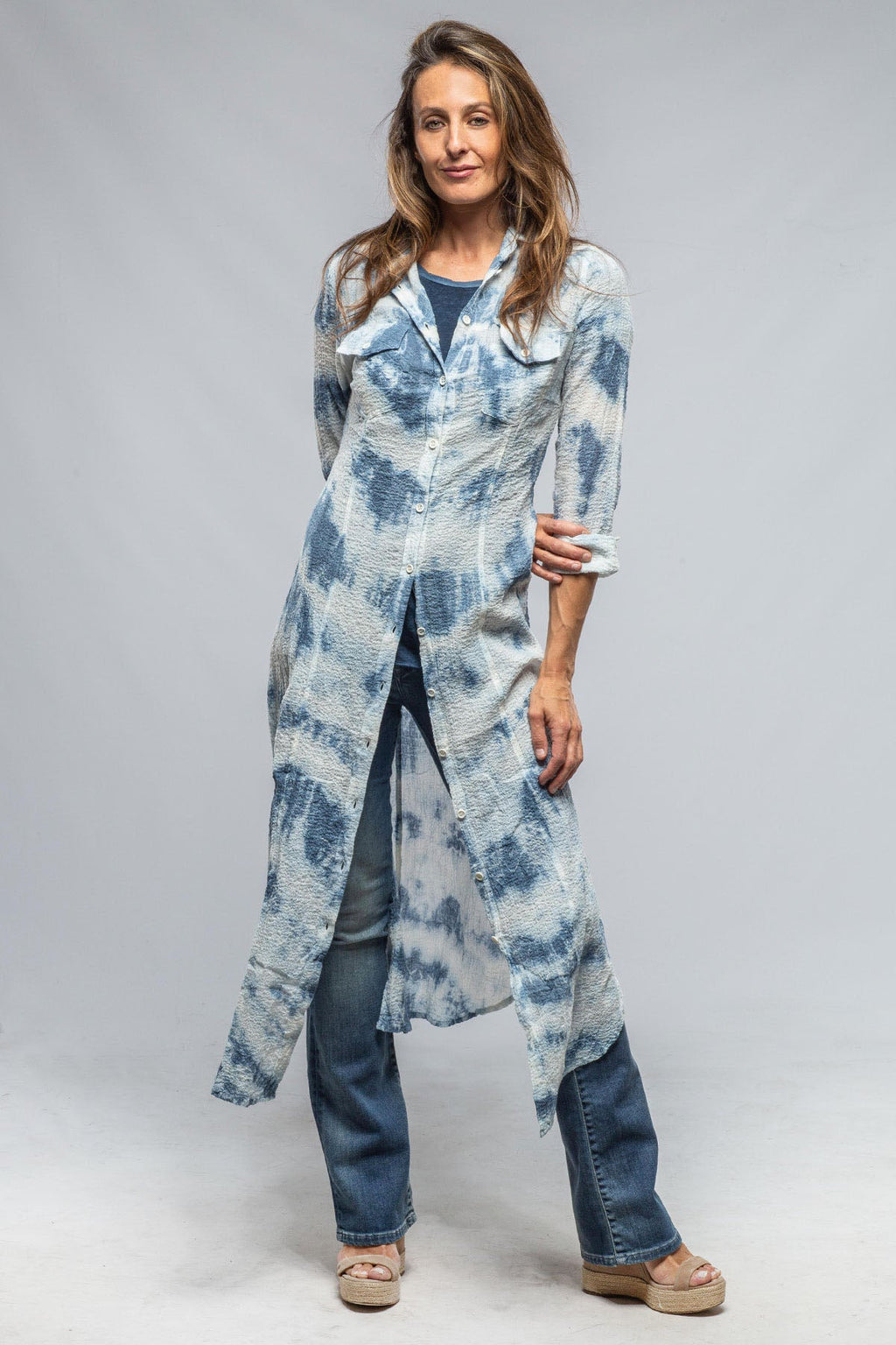 Carol Crepe Cotton Long Shirt In Blue Tie Dye