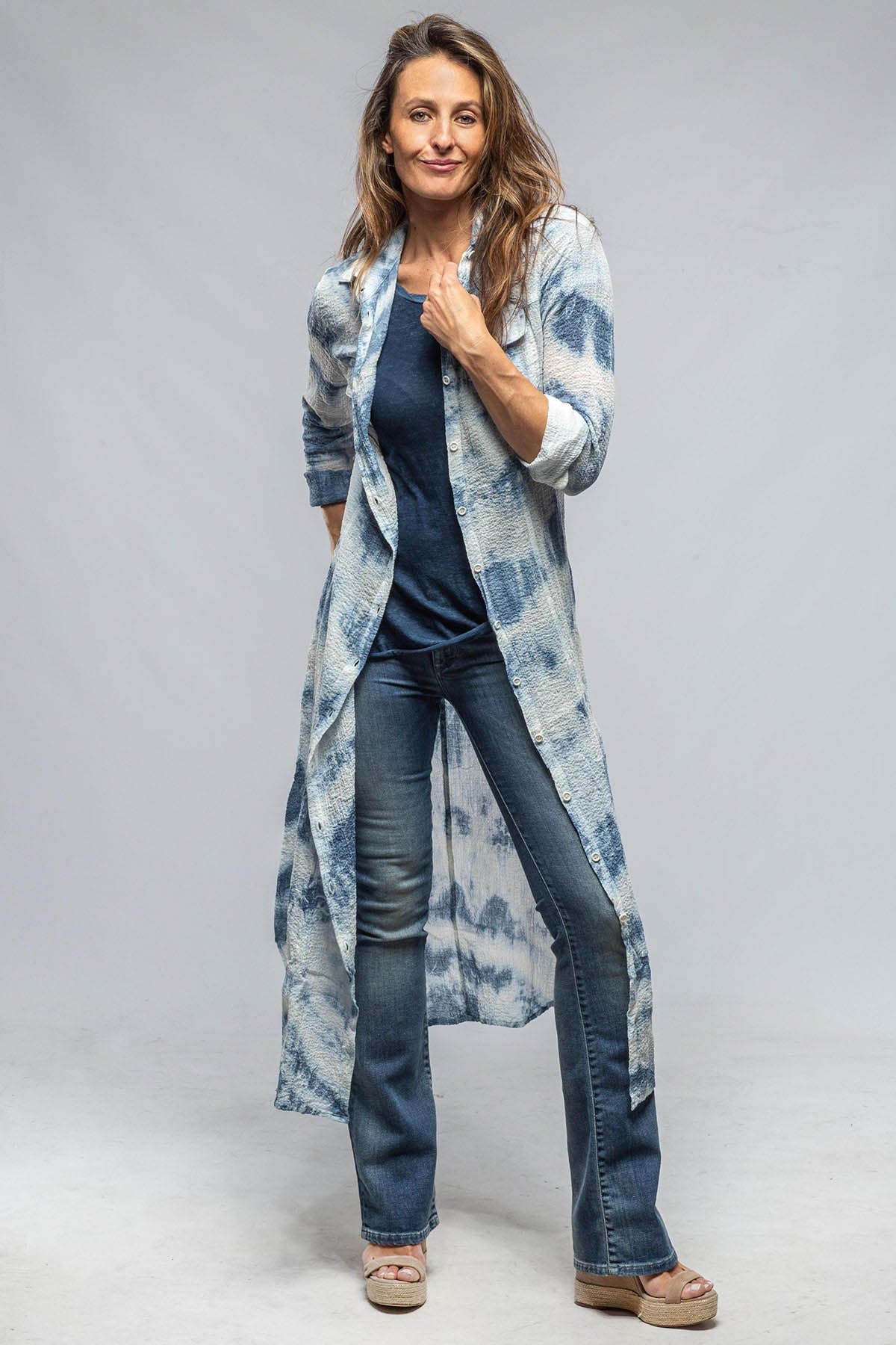 Carol Crepe Cotton Long Shirt In Blue Tie Dye