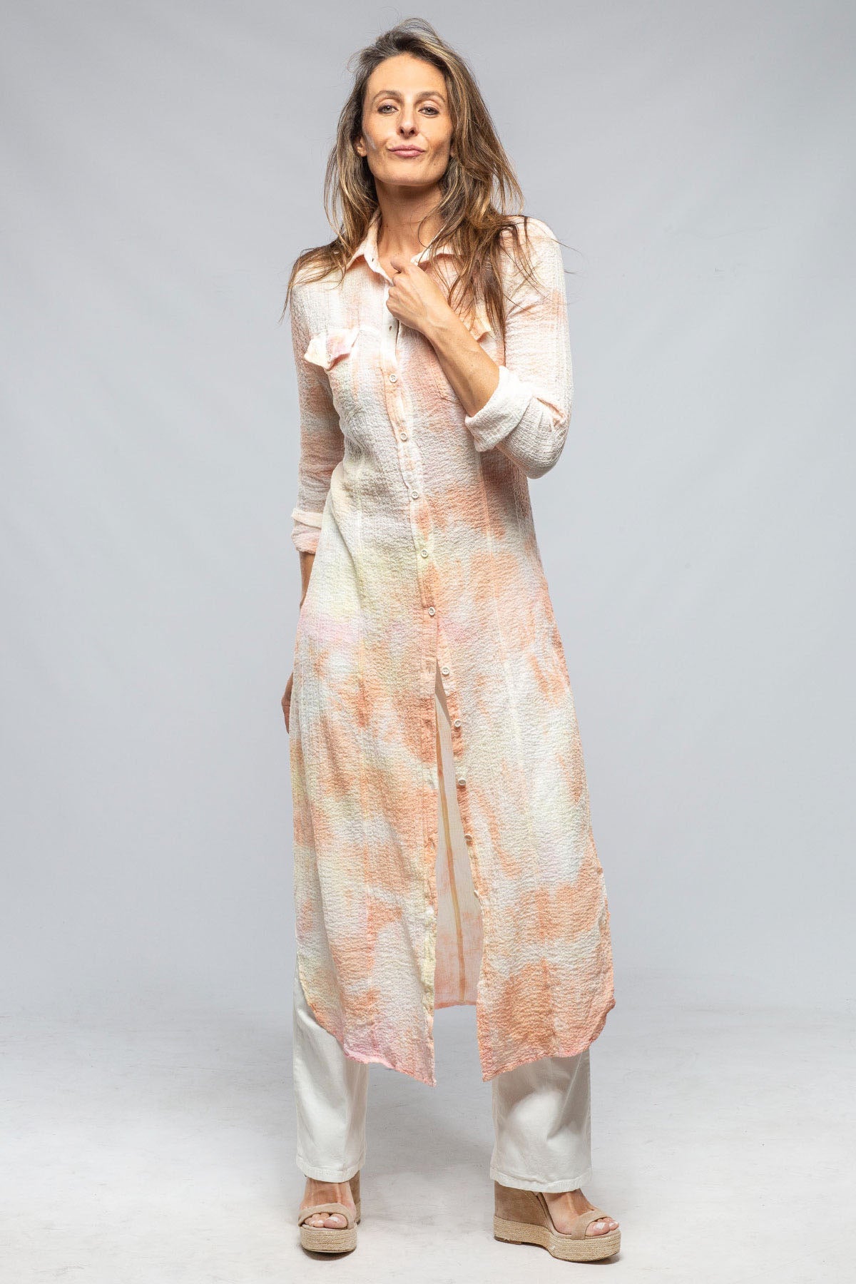 Carol Crepe Cotton Long Shirt In Pink Tie Dye